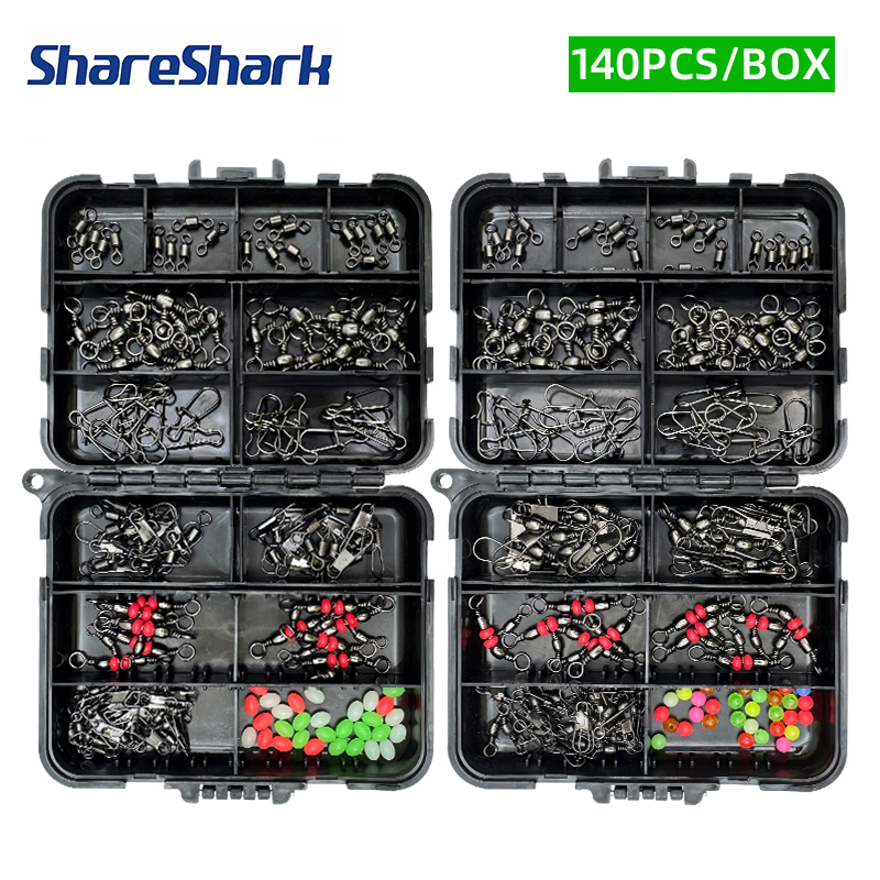 Fishing Lure Box - ชุดอุปกรณ์ตกปลา ShareShark 140 ชิ้น, ชุดลูกปัดกันหลุดสำหรับตกปลาพร้อมกล่องสีดำ, เหมาะสำหรับนักตกปลา